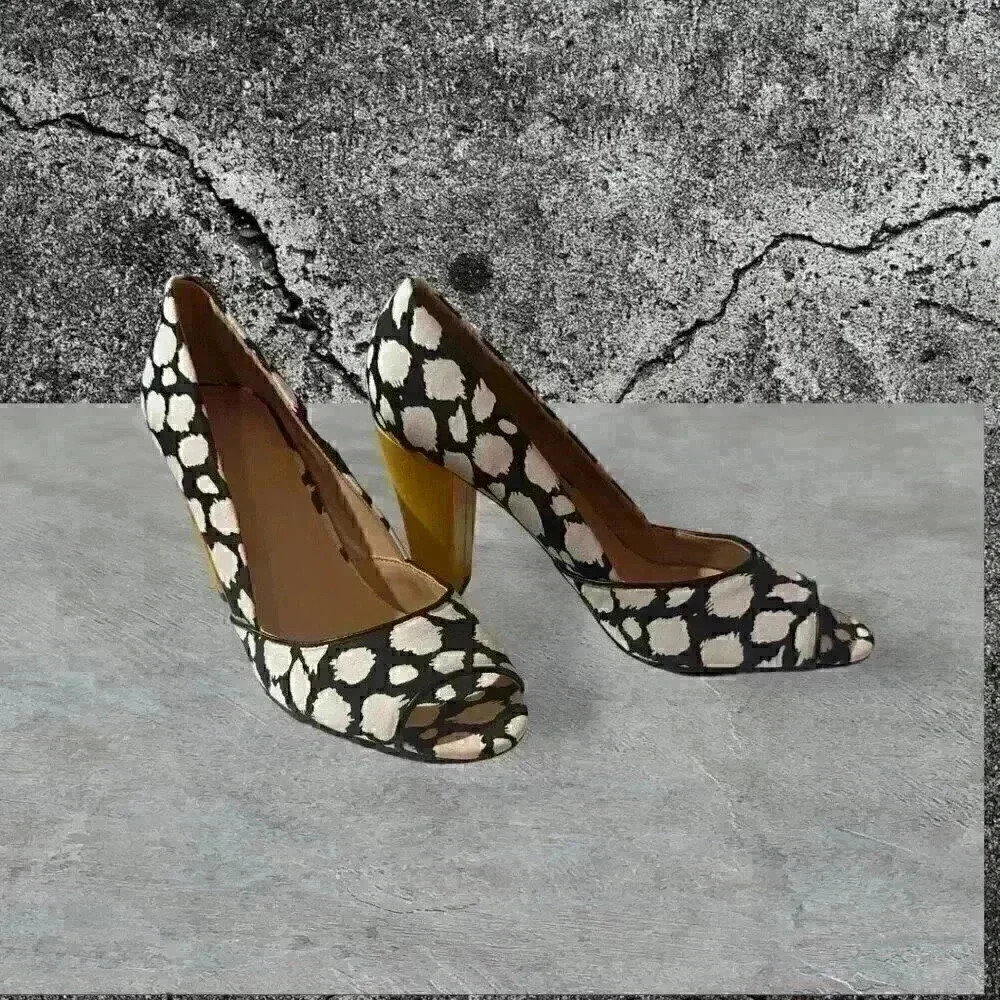 Avon Black & White Polka Dot Heels With Yellow Chunky Heel size 8
